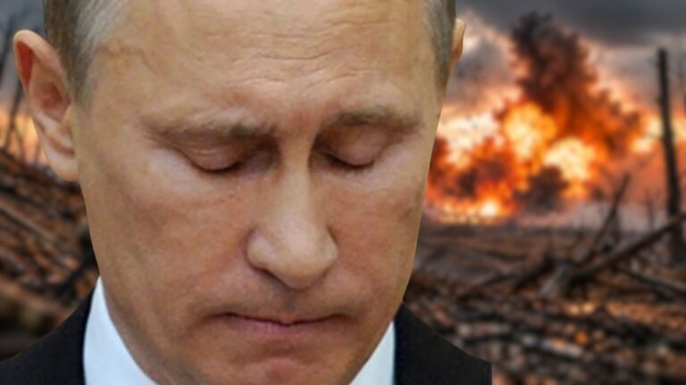 Vladimir Putin against the backdrop of explosions and a battlefield in Ukraine