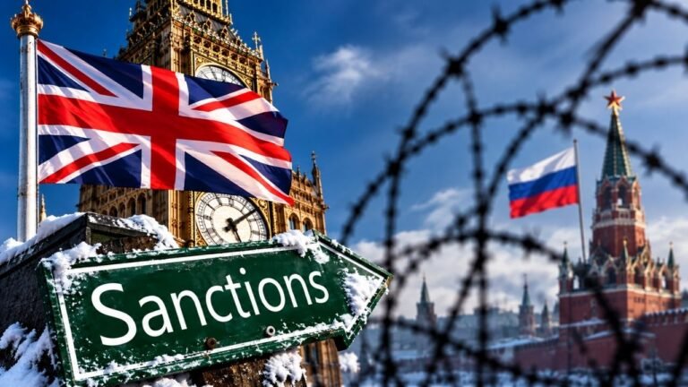 British flag and Big Ben alongside a sanctions sign, with the Russian flag and Kremlin in the background, illustrating UK sanctions against Russia.